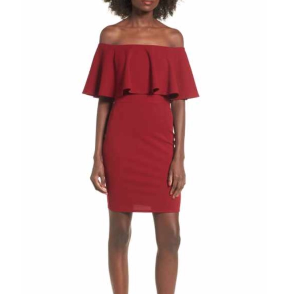 Soprano maroon ruffle off shoulder bodycon dress